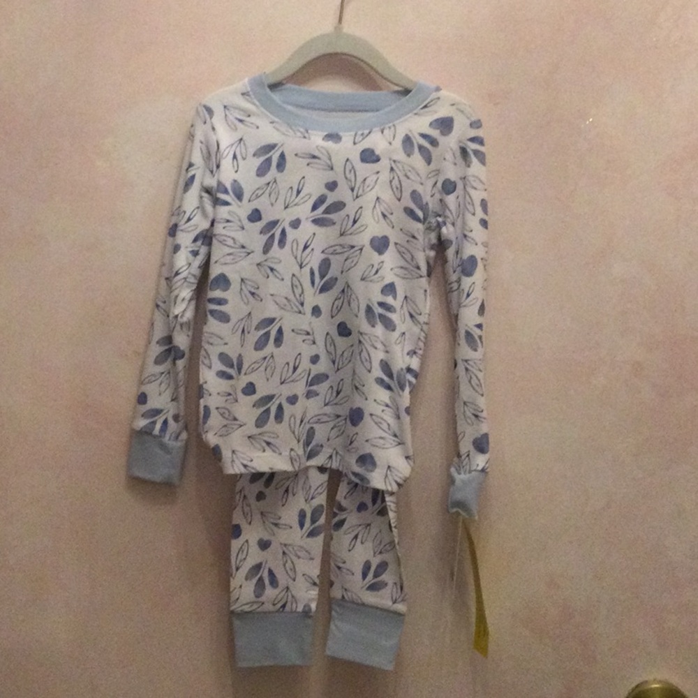 Kids Long Sleeve Leaf-Print Pajama Set - Light Blue and White